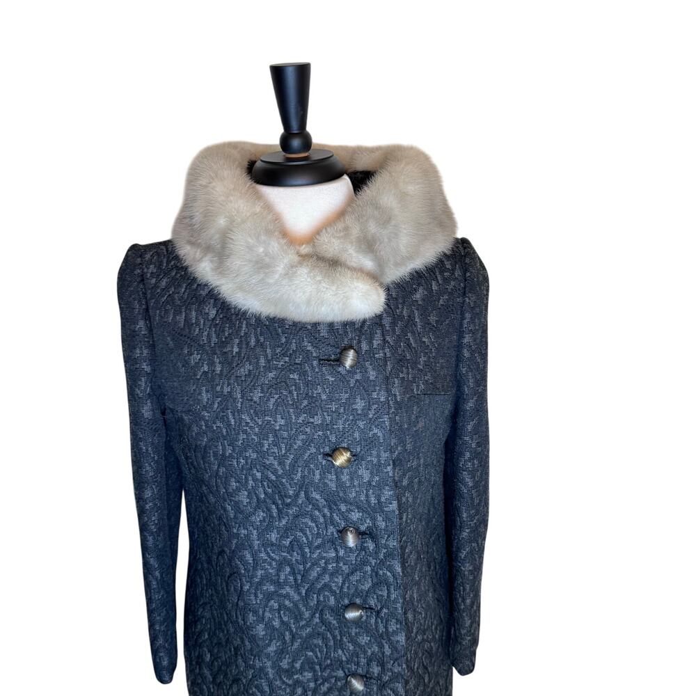 VINTAGE 1950's Gray‎ Jacquard Tapestry Long Women's Coat Mink Fur ILGUW Sz Small - Picture 2 of 14
